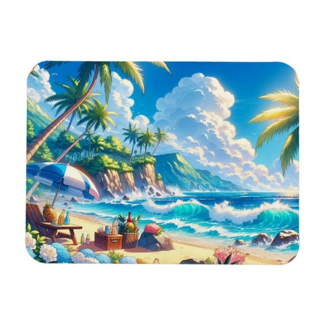 Vibrant Tropical Island Beach Watercolor Magnet (Horizontal)