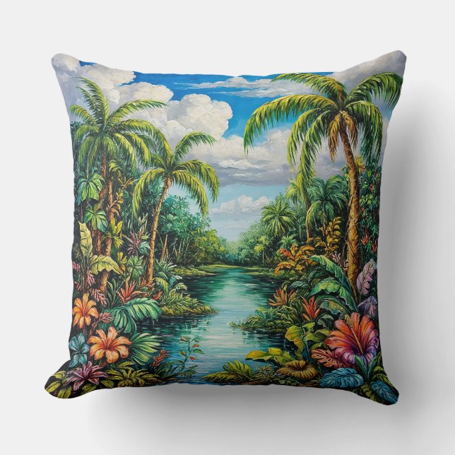 Vibrant Tropical Landscape with Palm Trees Throw Pillow (Front)
