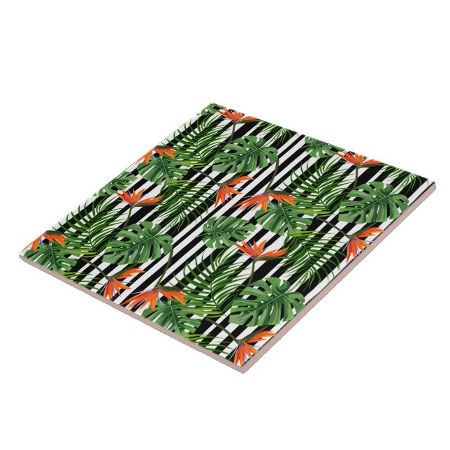 Vibrant Tropical Leaves and Flowers Design Ceramic Tile (Side)