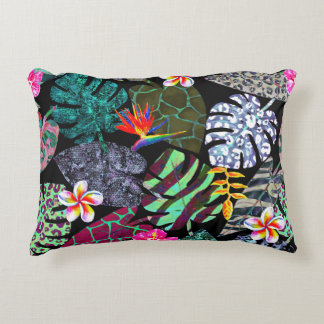 Vibrant Tropical Leaves and Flowers Pattern Accent Pillow