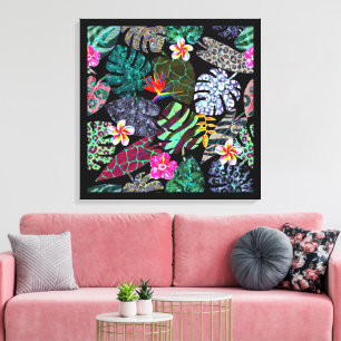 Vibrant Tropical Leaves and Flowers Pattern Canvas Print
