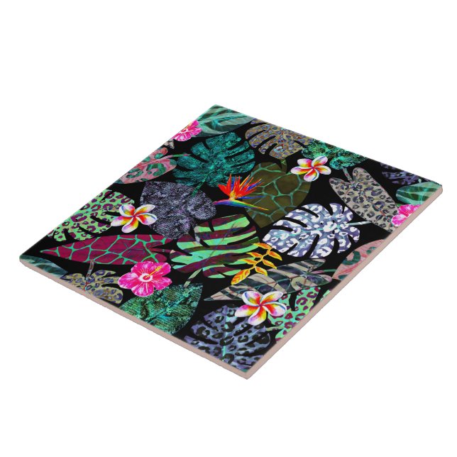 Vibrant Tropical Leaves and Flowers Pattern Ceramic Tile (Side)