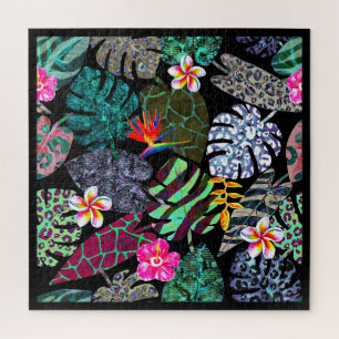 Vibrant Tropical Leaves and Flowers Pattern Jigsaw Puzzle