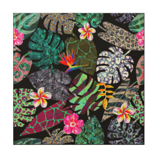 Vibrant Tropical Leaves and Flowers Pattern Wood Wall Art