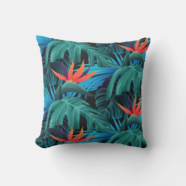 vibrant tropical leaves and orange flowers throw pillow (Front)