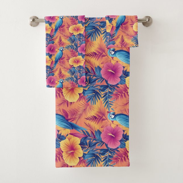 Vibrant Tropical Leaves and Parrots Summer Pattern Bath Towel Set (Insitu)