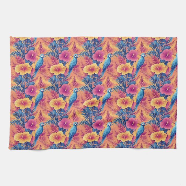 Vibrant Tropical Leaves and Parrots Summer Pattern Kitchen Towel (Horizontal)
