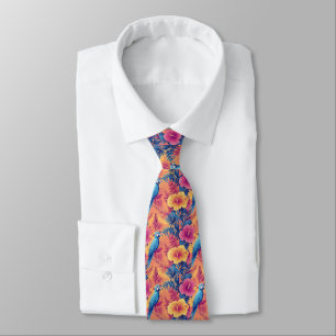 Vibrant Tropical Leaves and Parrots Summer Pattern Neck Tie