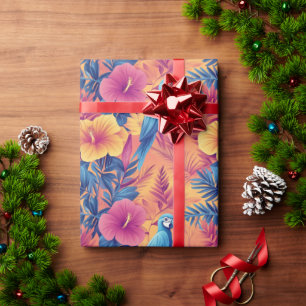 Vibrant Tropical Leaves and Parrots Summer Pattern Wrapping Paper