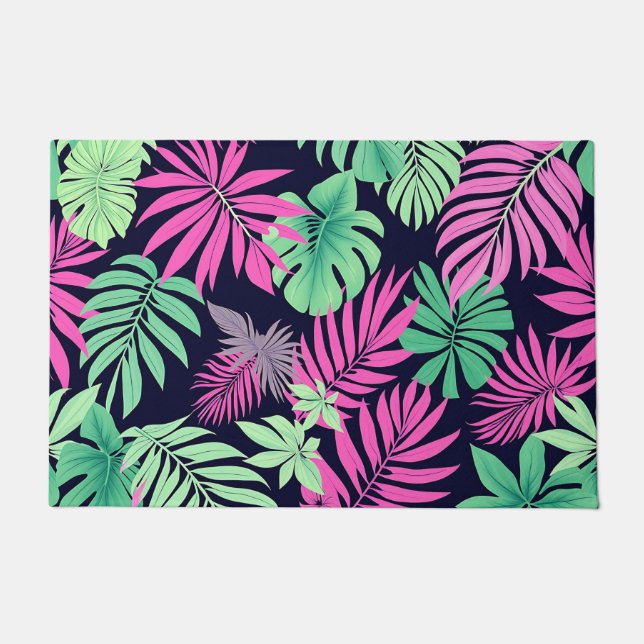 Vibrant Tropical Leaves Neon Pattern Doormat (Front)