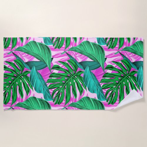 Vibrant Tropical Monstera Leaves Exotic Pattern Beach Towel