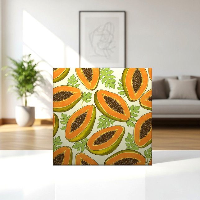Vibrant Tropical Papaya Fruit and Leaf Pattern Ceramic Tile (Creator Uploaded)