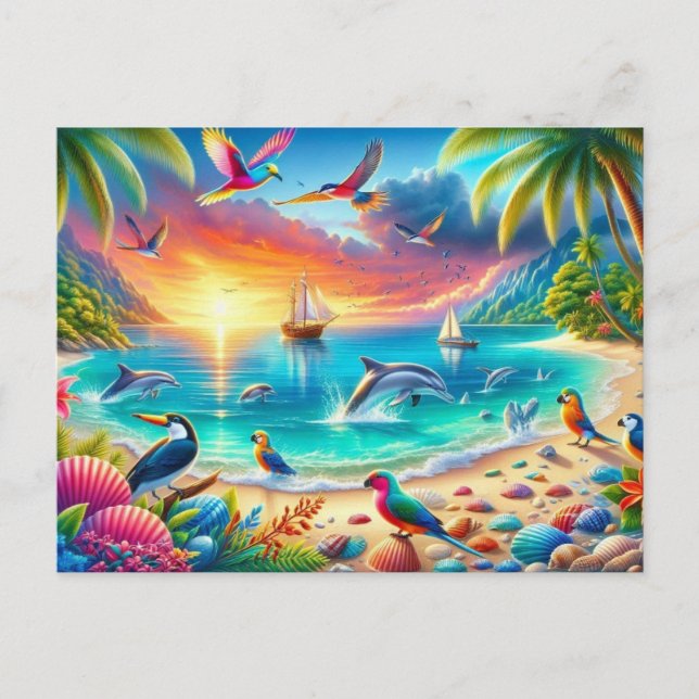 Vibrant Tropical Paradise Painting Postcard (Front)