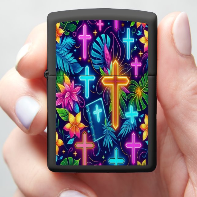 Vibrant Tropical Patterns With Glowing Crosses b Zippo Lighter (In Hand)