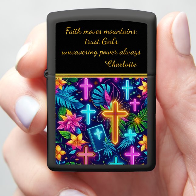 Vibrant Tropical Patterns With Glowing Crosses Zippo Lighter (In Hand)