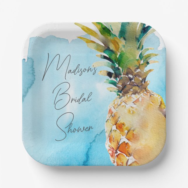 Vibrant Tropical Pineapple Bridal Shower Party Paper Plates (Front)