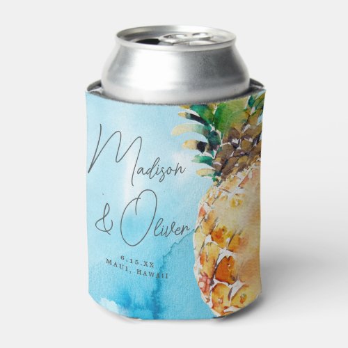 Vibrant Tropical Pineapple Watercolor Wedding Can Cooler