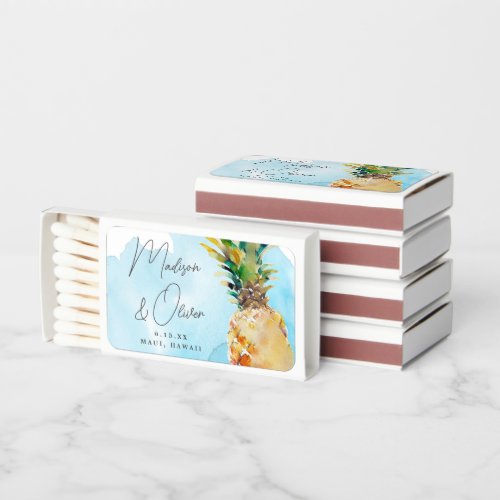 Vibrant Tropical Pineapple Watercolor Wedding Matchboxes