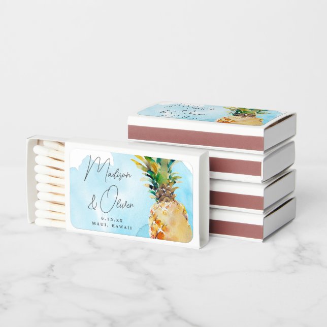 Vibrant Tropical Pineapple Watercolor Wedding Matchboxes (Stacked)