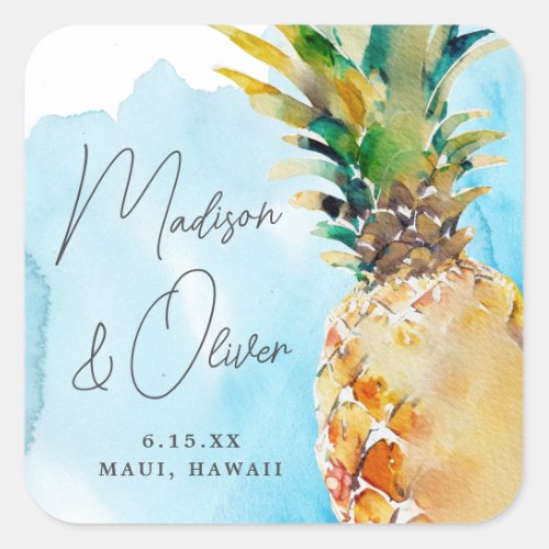 Vibrant Tropical Pineapple Watercolor Wedding Square Sticker