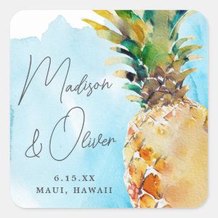 Vibrant Tropical Pineapple Watercolor Wedding Square Sticker