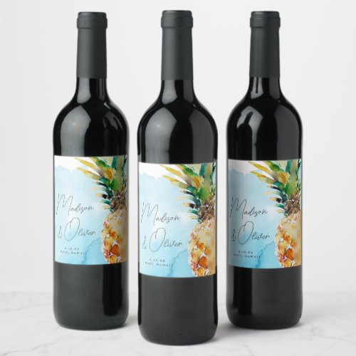 Vibrant Tropical Pineapple Watercolor Wedding Wine Label