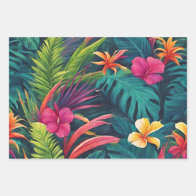 Vibrant Tropical Plants and Flowers  Wrapping Paper Sheets (Front)
