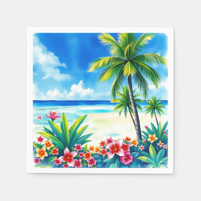 Vibrant Tropical Scene with Palm Trees Napkins (Front)