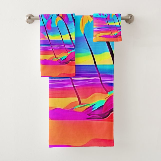 Vibrant Tropical Shore Art Bath Towel Set (Insitu)