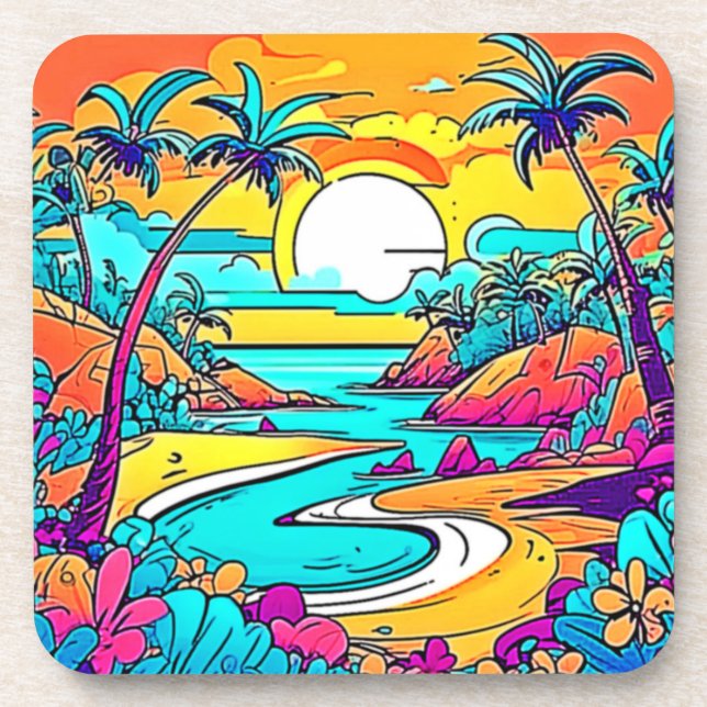 Vibrant Tropical Sunset Beach Beverage Coaster (Front)