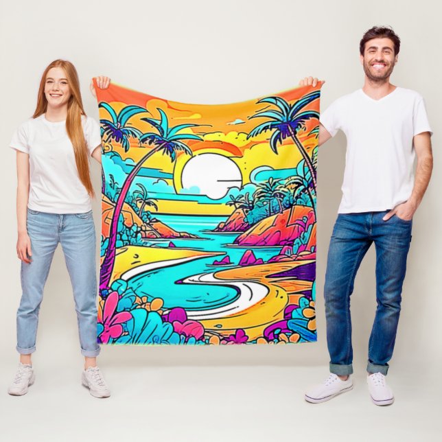 Vibrant Tropical Sunset Beach Fleece Blanket (In Situ)