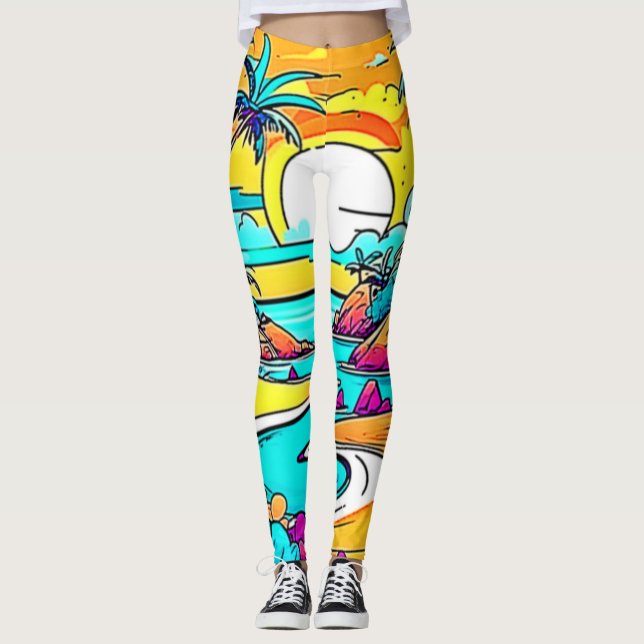 Vibrant Tropical Sunset Beach Leggings (Front)