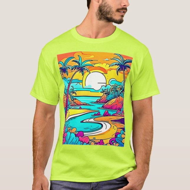 Vibrant Tropical Sunset Beach T-Shirt (Front)
