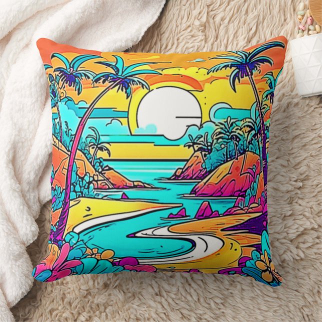 Vibrant Tropical Sunset Beach Throw Pillow (Blanket)