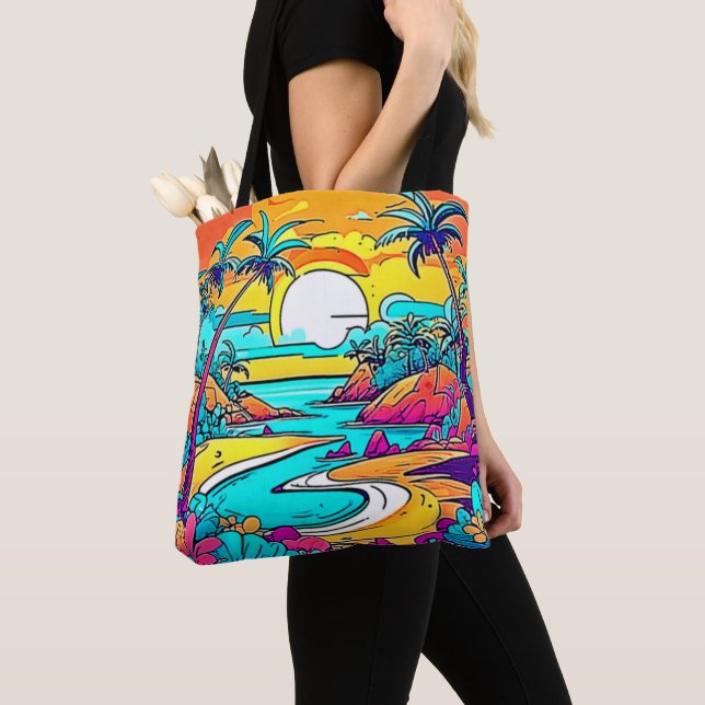 Vibrant Tropical Sunset Beach Tote Bag (Close Up)
