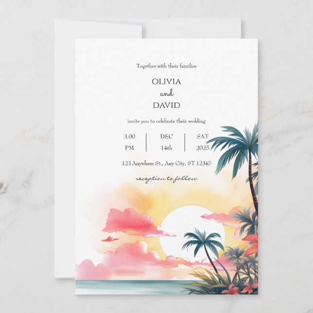 Vibrant Tropical Sunset Ocean Palm Foliage Wedding Invitation (Front)
