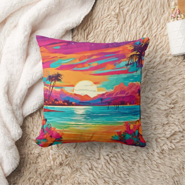 Vibrant Tropical Sunset Throw Pillow (Blanket)