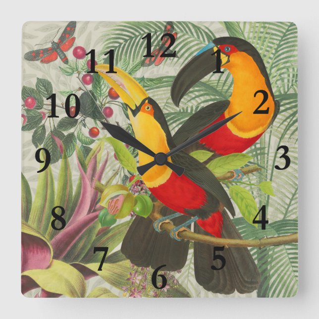 Vibrant Tropical Toucan Birds Art Exotic Jungle  Square Wall Clock (Front)