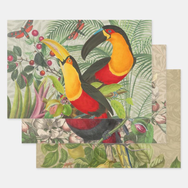 Vibrant Tropical Toucan Birds Art Exotic Jungle  Wrapping Paper Sheets (Set)