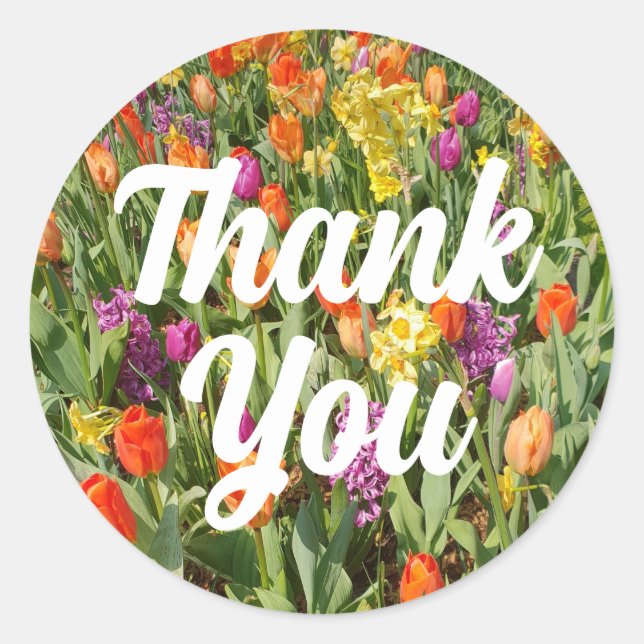 Vibrant Tulip Flower Garden Thank You Classic Round Sticker (Front)