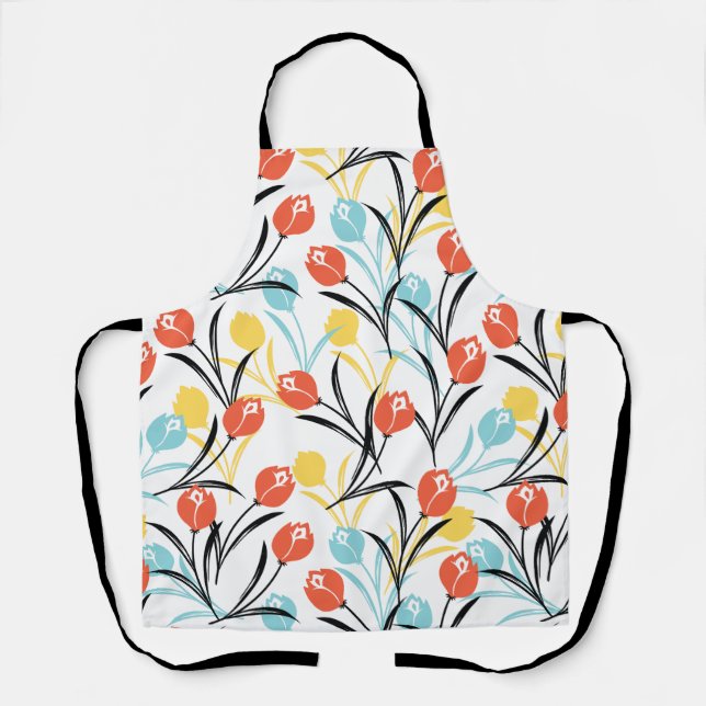 Vibrant Tulip Pattern Floral Design on White Apron (Front)