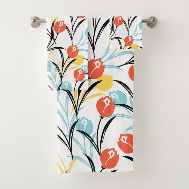 Vibrant Tulip Pattern Floral Design on White Bath Towel Set (Insitu)