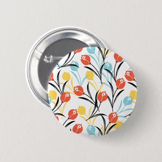 Vibrant Tulip Pattern Floral Design on White Button (Front & Back)