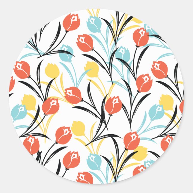 Vibrant Tulip Pattern Floral Design on White Classic Round Sticker (Front)