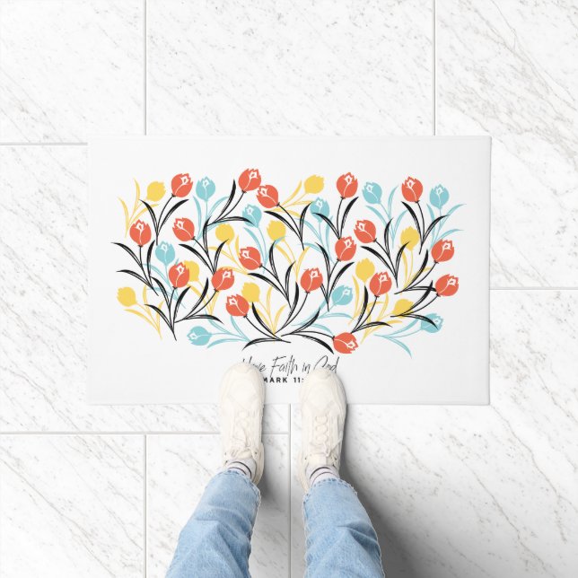 Vibrant Tulip Pattern Floral Design on White Doormat (Indoor)