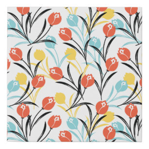 Vibrant Tulip Pattern Floral Design on White Faux Canvas Print