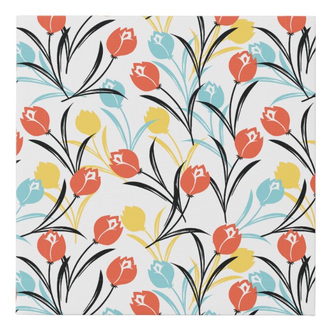 Vibrant Tulip Pattern Floral Design on White Faux Canvas Print (Front)