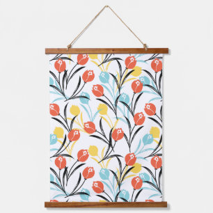 Vibrant Tulip Pattern Floral Design on White Hanging Tapestry