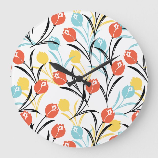 Vibrant Tulip Pattern Floral Design on White Large Clock (Front)