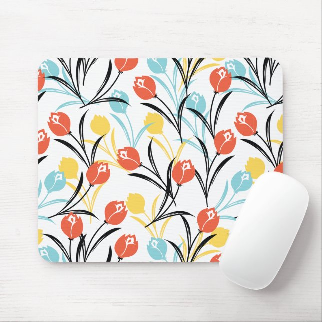 Vibrant Tulip Pattern Floral Design on White Mouse Pad (With Mouse)